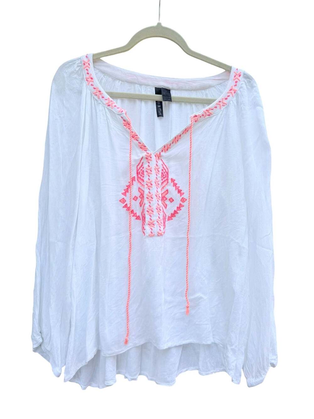 Fun & Flirt Women's White Gauze Boho Blouse with Pink Embroidery and Tassel Tie